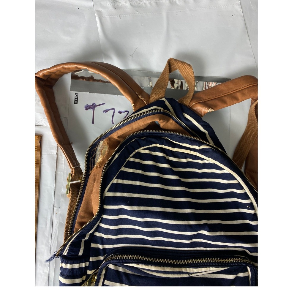 Brown Faux Leather Mini Backpack Navy White Stripe Lining Casual Travel